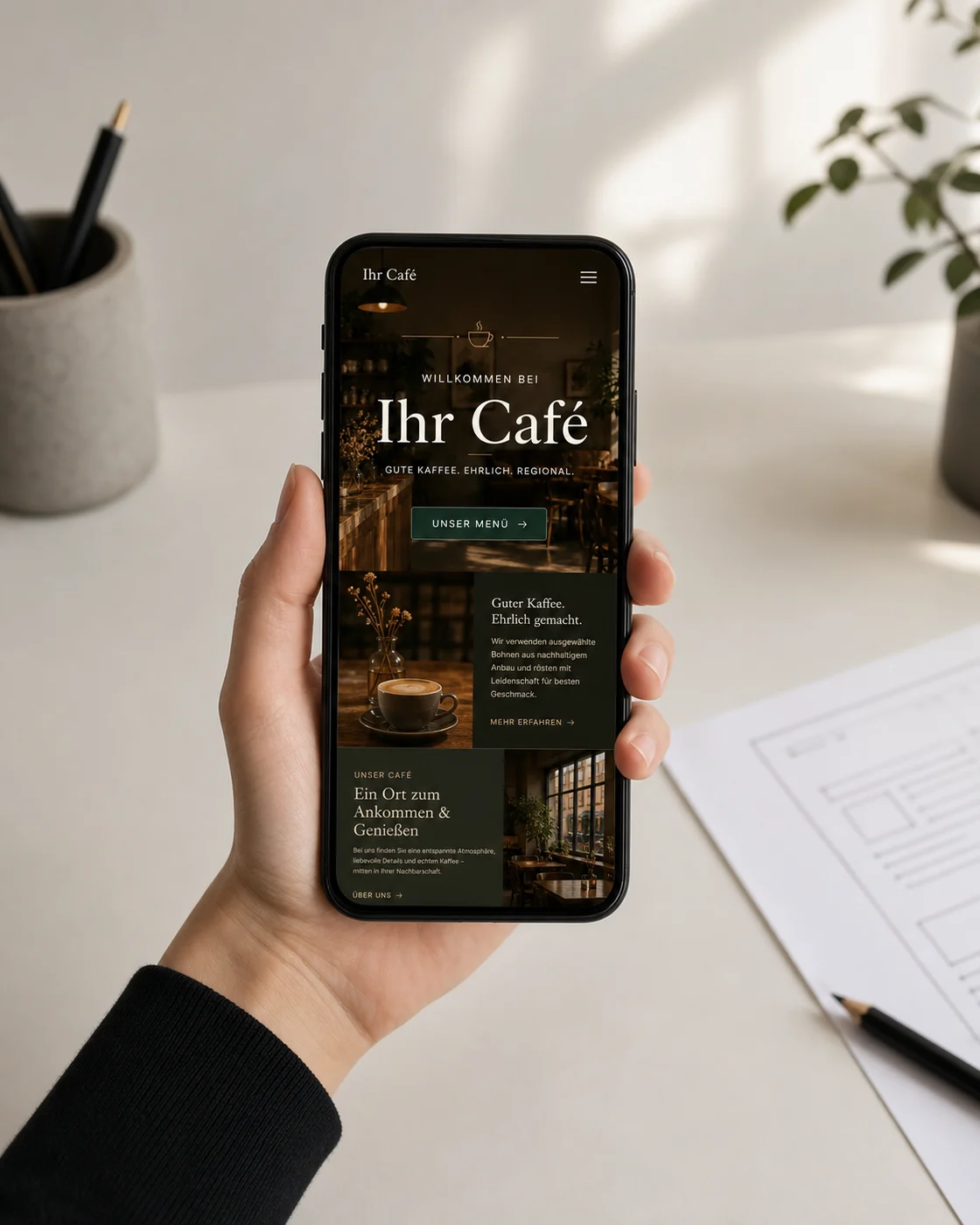 Hand hält ein Smartphone mit der mobilen Version eines von Blaustern gestalteten Café-Auftritts