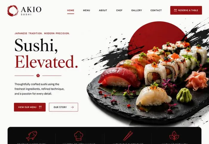 Konzept für ein Sushi-Restaurant: dunkles Layout mit Gerichten, Speisekarte und Tischreservierung