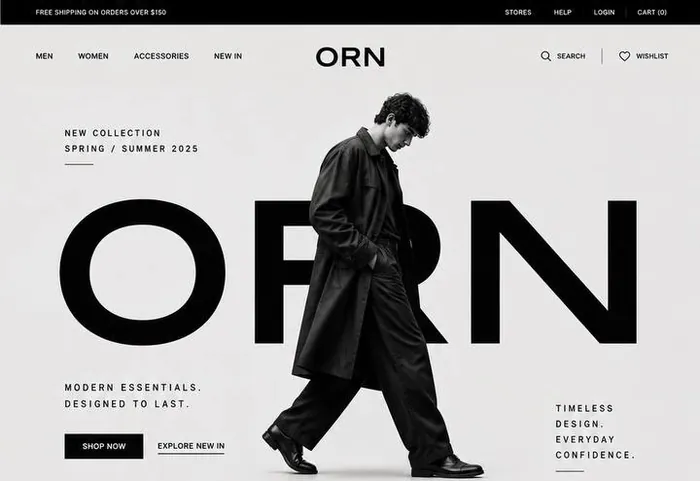 Konzept für ein Modelabel: große Typografie über einem Lookbook-Foto, Kategorien für Damen, Herren und Kinder