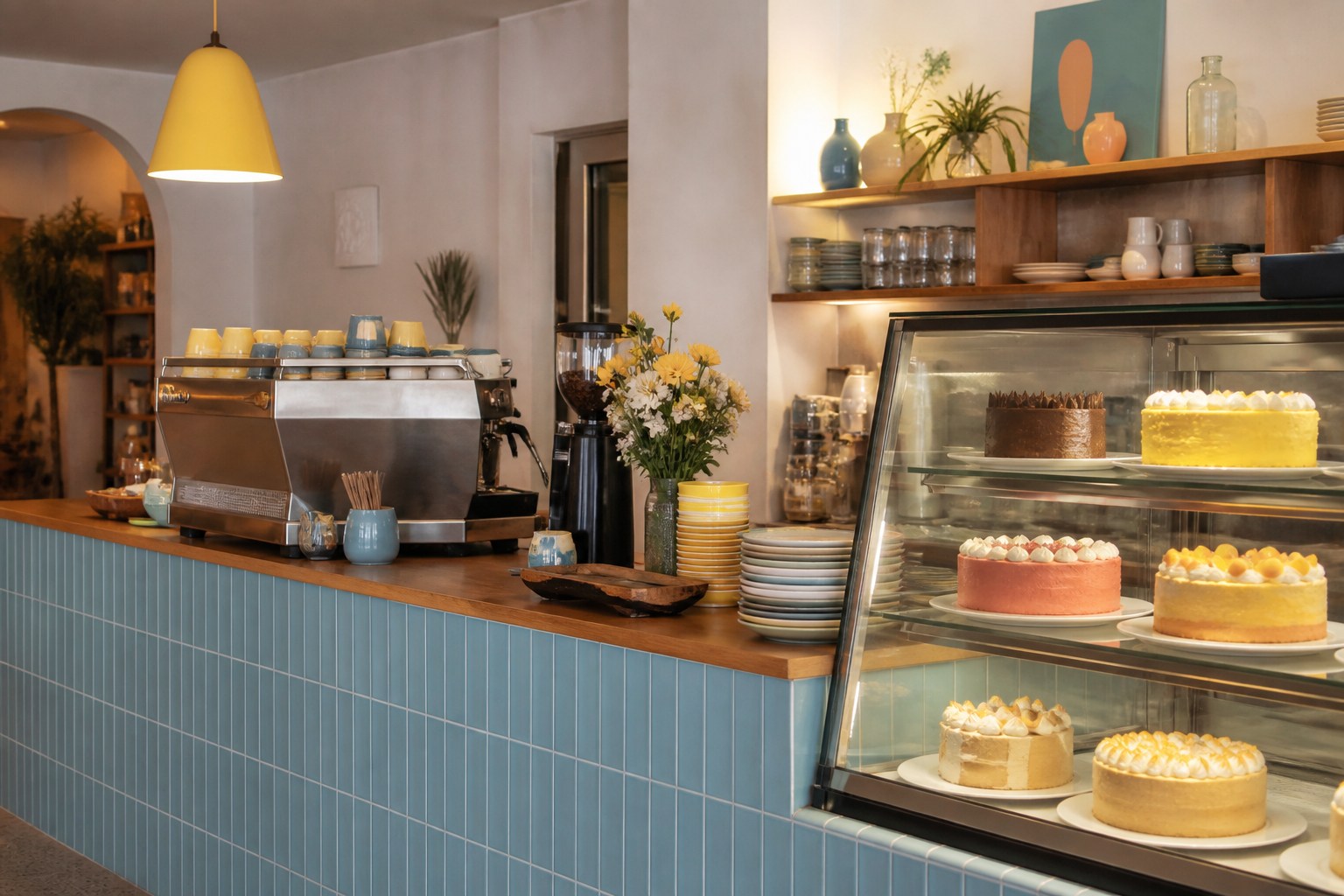 Kaffeebar mit Espressomaschine und Kuchenvitrine